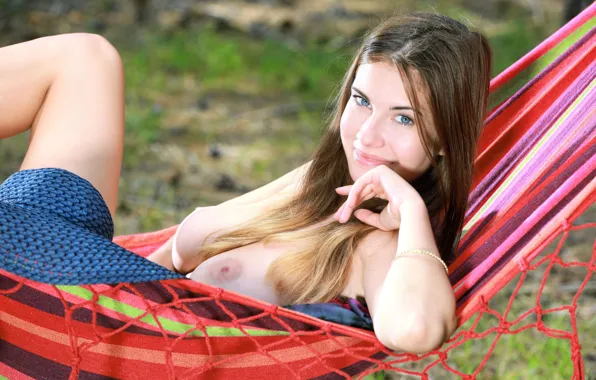Hat, nipples, boobs, smile, blue eyes, brunette, cute, hammock