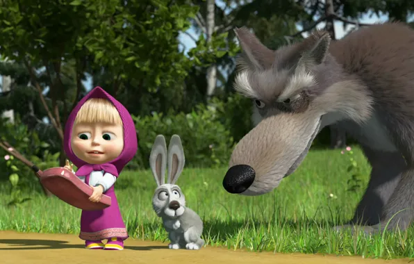 Picture wolf, hare, phone, Masha and the bear