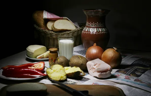 The dark background, food, milk, bow, bread, dishes, pepper, still life