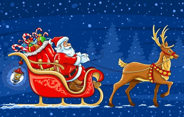 Picture snow, deer, New Year, gifts, sleigh, Santa Claus