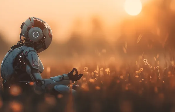 FIELD, SUNSET, POSE, MEDITATION, ROBOT