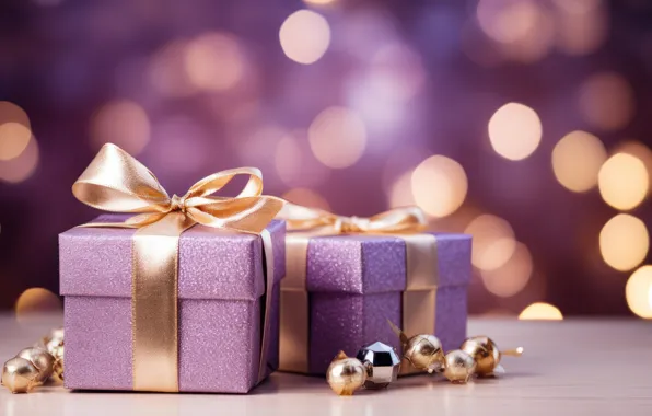 Lights, Christmas, gifts, New year, bows, gold, lilac, box