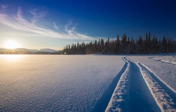 Picture winter, forest, snow, sunset, lake, Hand, track, Finland