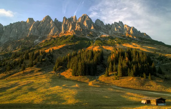 The sky, trees, mountains, house, Austria, salzburg