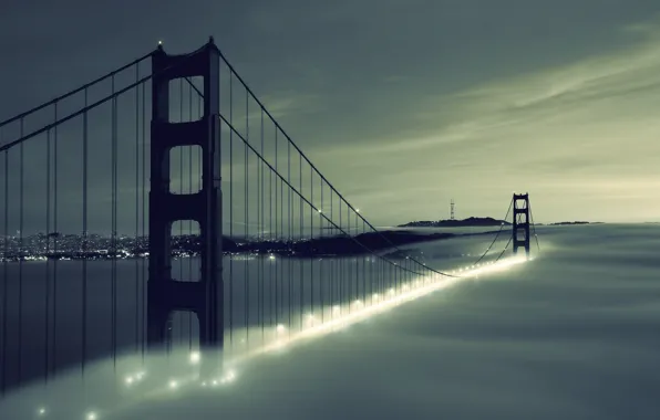 Picture the sky, clouds, bridge, city, the city, lights, lights, fog