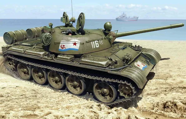 Picture shore, THE SOVIET NAVY, Soviet medium tank, T-55, Military-Maritime fleet of the USSR