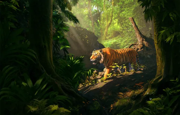 Nature, tiger, animal, predator, jungle, beast, illustration, digital art