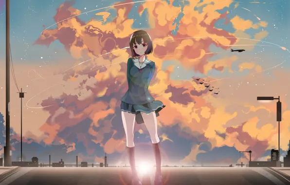 Road, the sky, girl, clouds, sunset, anime, art, schoolgirl