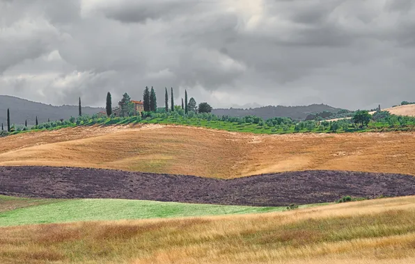 Clouds, field, Italy, layers, Tuscany, farm