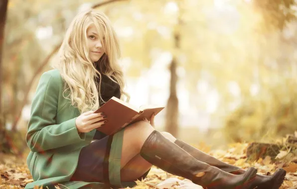 Autumn, smile, foliage, beauty, blonde, book, boots, beautiful girl