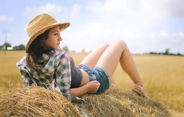 Picture look, girl, clouds, feet, field, hat, farm
