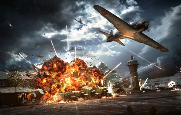 Fire, flame, explosions, attack, the airfield, aircraft, the bombing, WW2