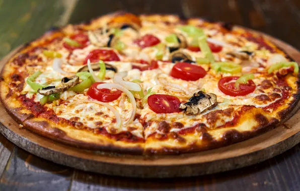 Mushrooms, Board, food, cheese, bow, pizza, tomatoes