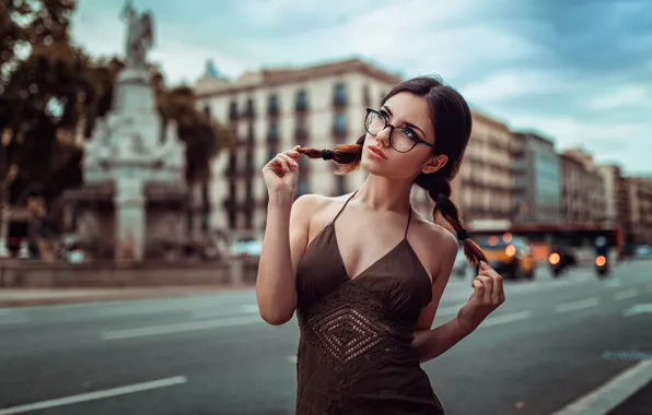 City, dress, bokeh, face, braids, portrait, no bra, dark eyes