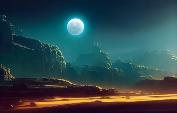 Wallpaper night, rocks, the moon, structure, digital art, other worlds ...