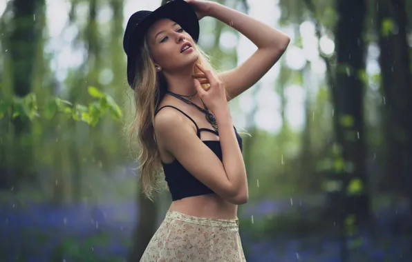 Trees, rain, model, skirt, portrait, hat, makeup, figure