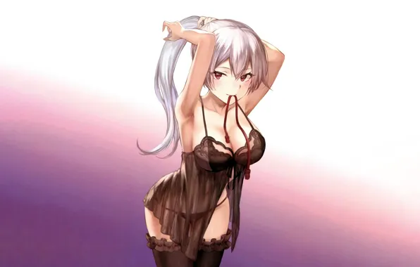 Picture girl, sexy, lingerie, cleavage, panties, thighhighs, long hair, brown eyes