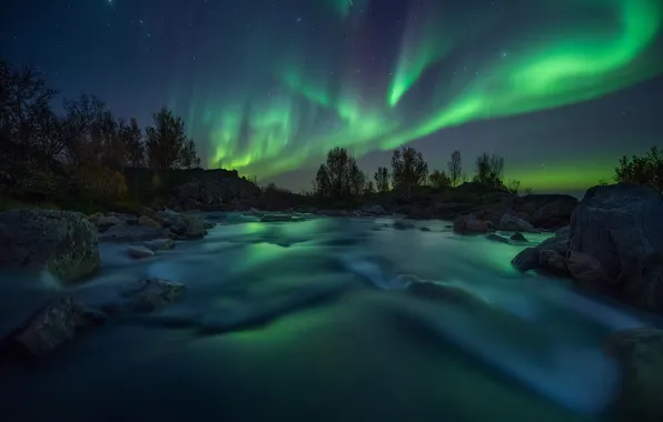 Picture the sky, river, rocks, Northern lights