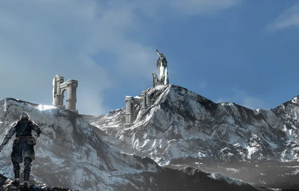 Mountains, rocks, armor, knight, North, Skyrim