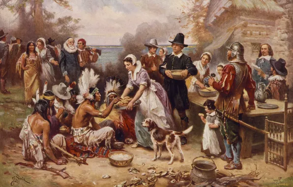 Picture, painting, painting, 1621, The first Thanksgiving, J.L.G. Ferris