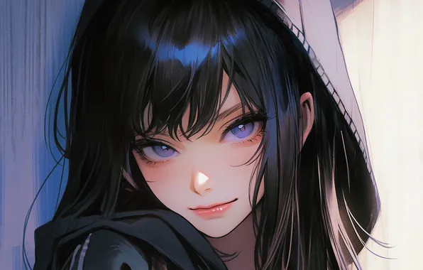 Face, hood, blue eyes, black hair, bangs, portrait of a girl, eyelashes. look, by HALLLLLL