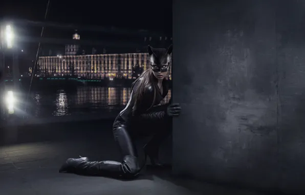 Picture night, the city, wall, boots, mask, costume, Catwoman, Catwoman