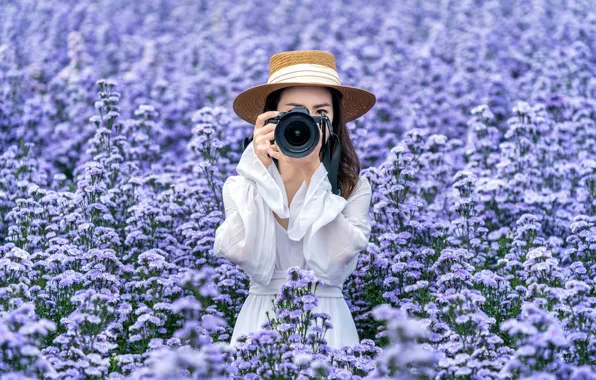 Field, girl, flowers, photography, white, hat, dress, the camera