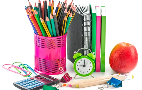 Watch, Apple, pencils, alarm clock, white background, notebook, clip, the office
