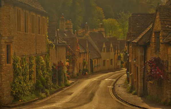 Street, England, home, haze, Castle Combe