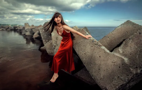 Picture sea, clouds, red dress, beautiful girl, Vika, breakwaters, Maxim Gontarev