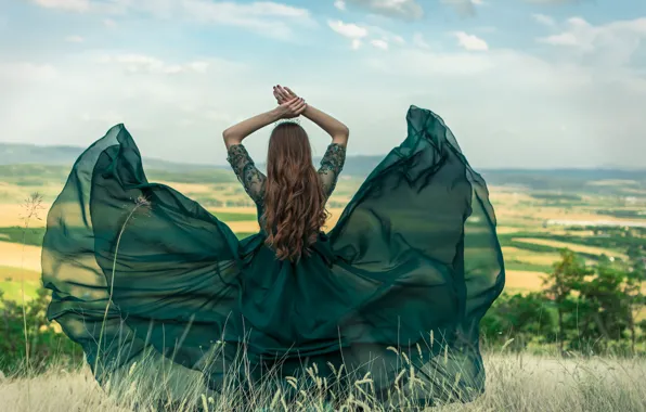 Field, summer, the sky, girl, clouds, pose, style, the wind