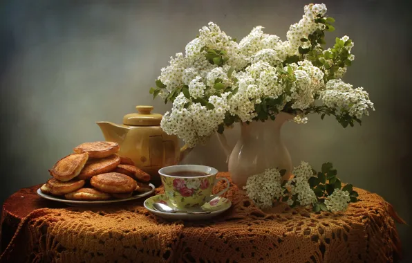 Flowers, tea, still life, pancakes, Spiraea