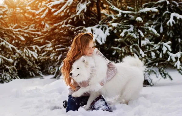 Winter, girl, snow, trees, nature, dog, white, red