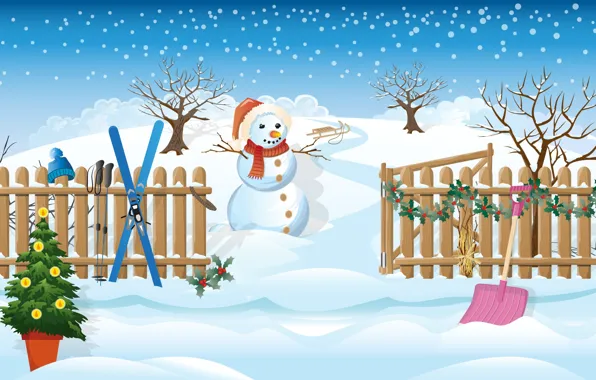 Winter, the sky, trees, hat, figure, ski, the fence, graphics