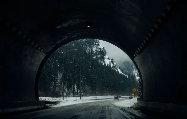 Picture winter, road, mountains, machine, the tunnel