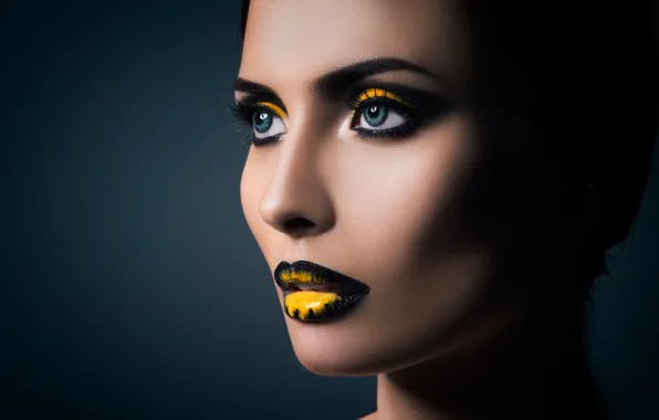 Portrait, makeup, black, yellow, eyes, lips, Yna