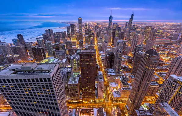 Winter, the city, lights, building, skyscrapers, the evening, backlight, Chicago