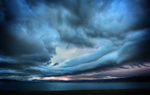 The sky, mountains, clouds, the ocean, shore, Storm, Iceland, Iceland