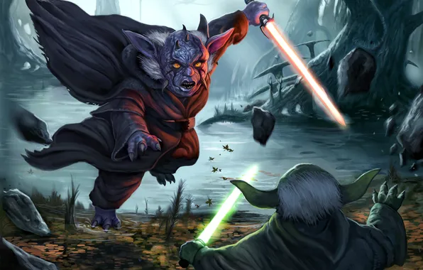 Picture star wars, Yoda, lightsaber, Sith