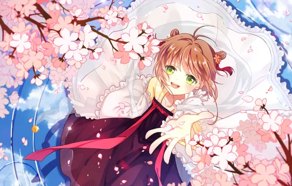 Flowers, wings, angel, spring, girl, Card Captor Sakura, Sakura - collector cards