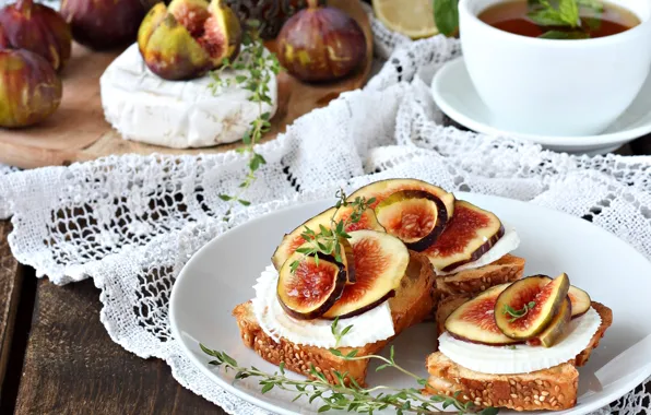 Tea, cheese, sandwiches, figs