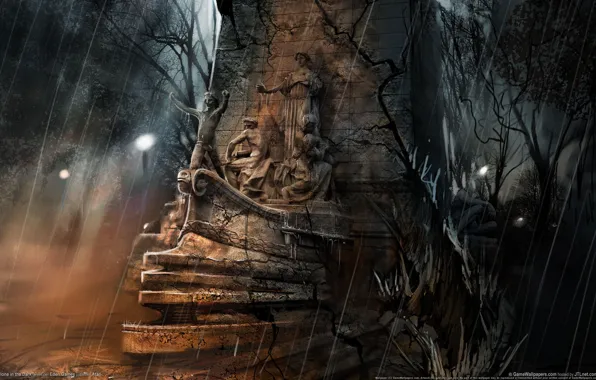 Fiction, rain, ship, statue