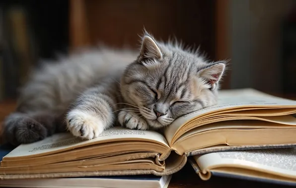 Cat, pose, kitty, grey, stay, books, sleep, legs