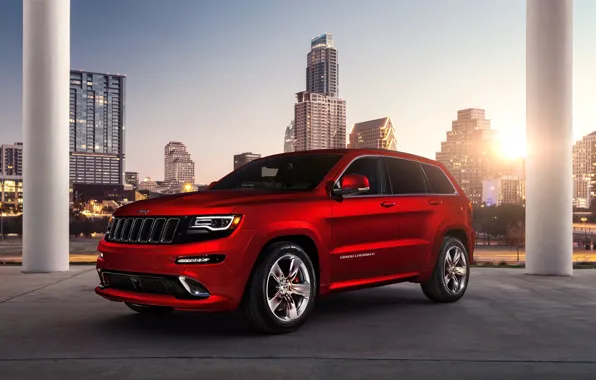 Picture red, city, the city, building, Jeep, red, srt, grand cherokee