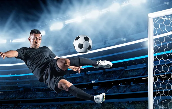 Field, jump, football, the game, shorts, the ball, gate, t-shirt