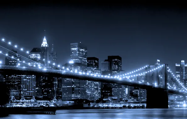 Picture water, night, bridge, city, the city, lights, skyscrapers, new york