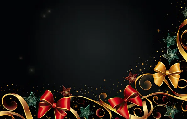 Stars, curls, yellow, Christmas, red, New year, black background, bows