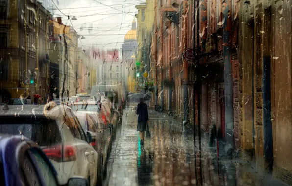 Picture girl, drops, rain, umbrella, Saint Petersburg, September