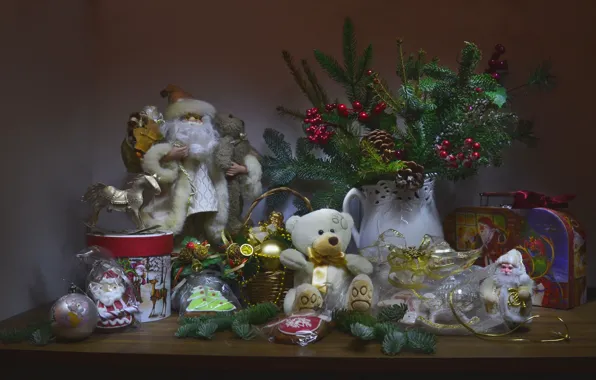 Branches, berries, holiday, toys, new year, spruce, bear, sweets