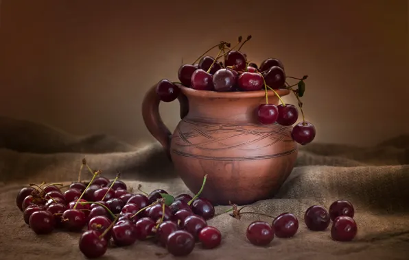 Picture cherry, berries, fabric, pot, pitcher, still life, placer, a lot